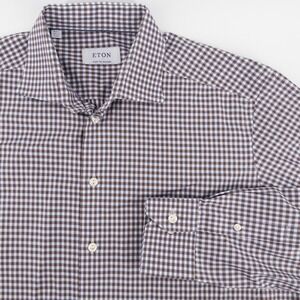 Eton Made-to-Measure Mens Large Dress Shirt Brown Gingham Check Cotton Luxury